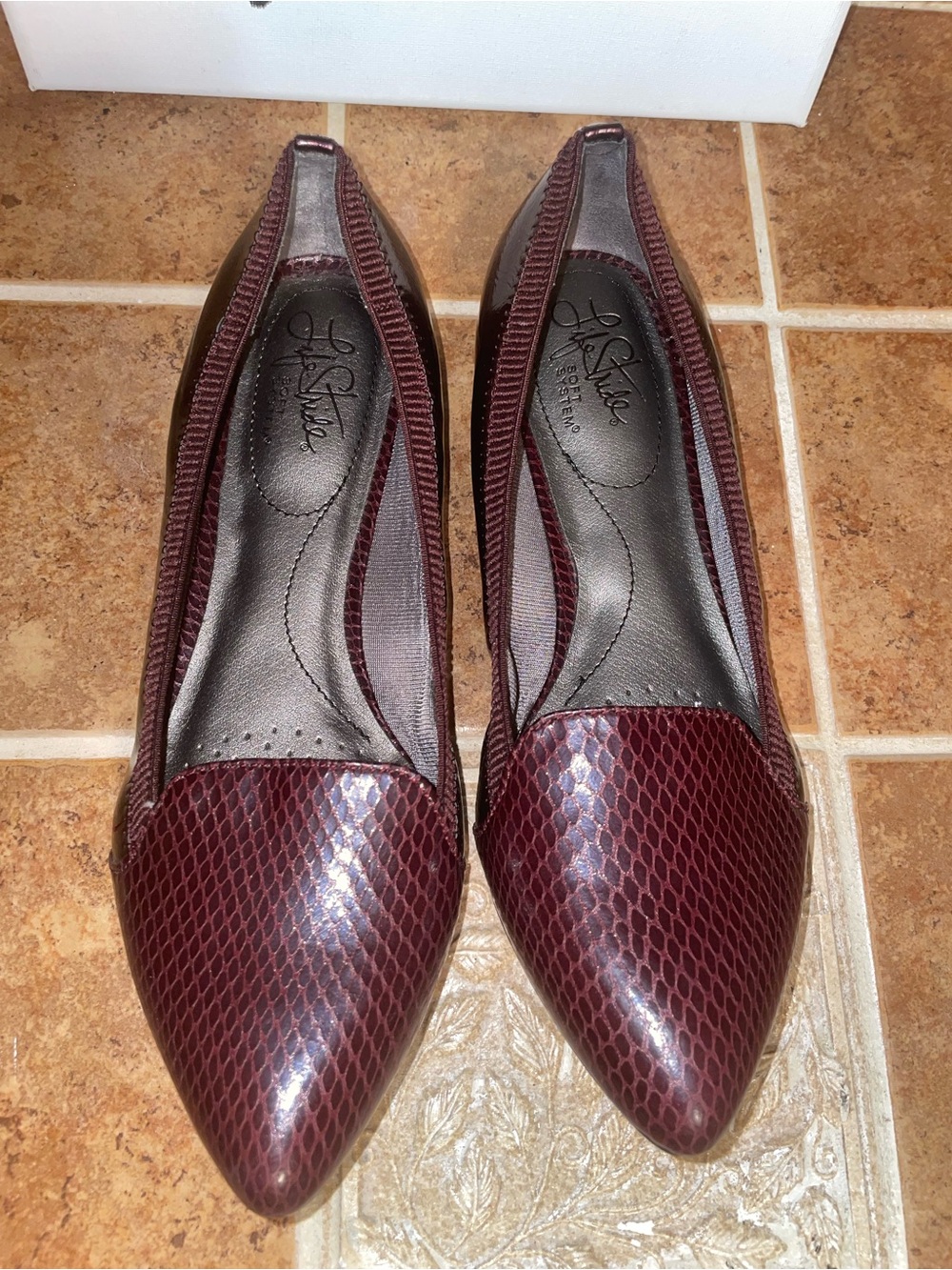 Life Stride Pointed Snake-Texture Flats in Burgundy